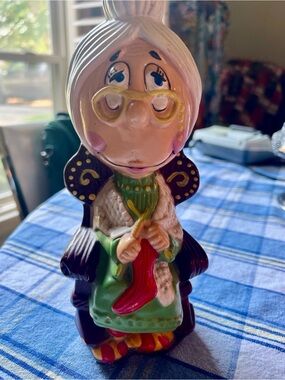Hand-Painted Molded Plastic Vintage Granny Coin Bank Kitschy Unique Functional